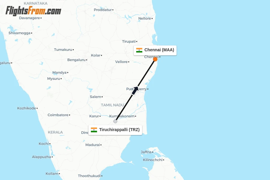 Flights from Tiruchirappalli to Chennai route map