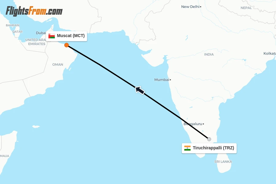 Flights from Tiruchirappalli to Muscat route map