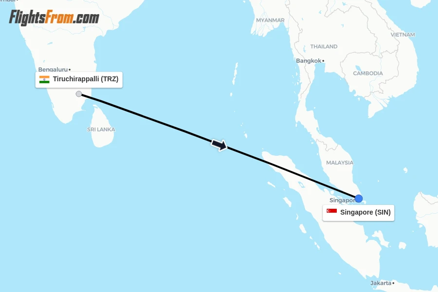 Flights from Tiruchirappalli to Singapore route map