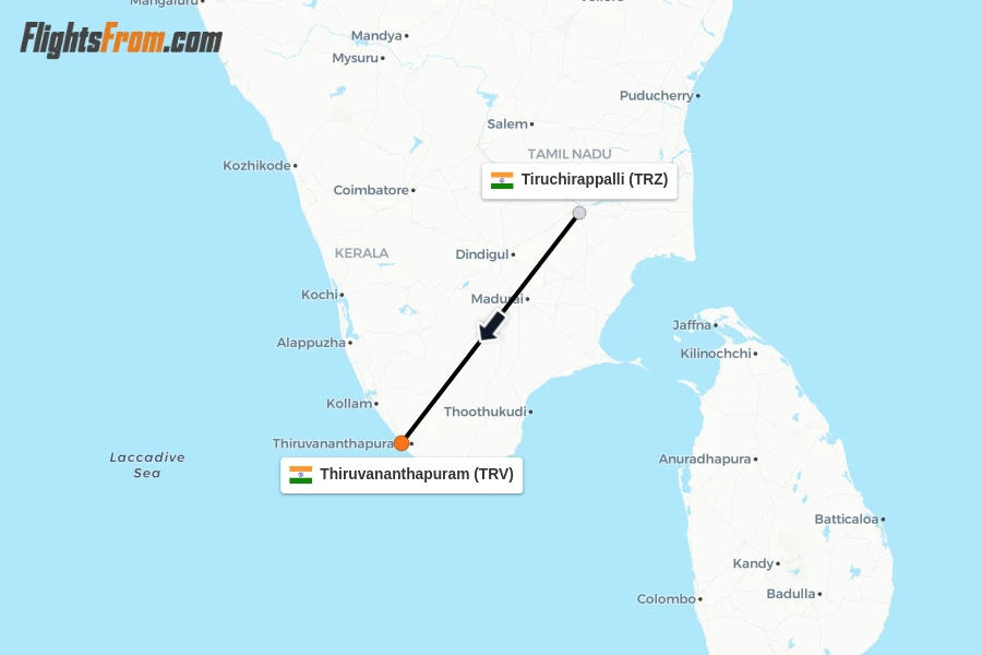 Flights from Tiruchirappalli to Thiruvananthapuram route map
