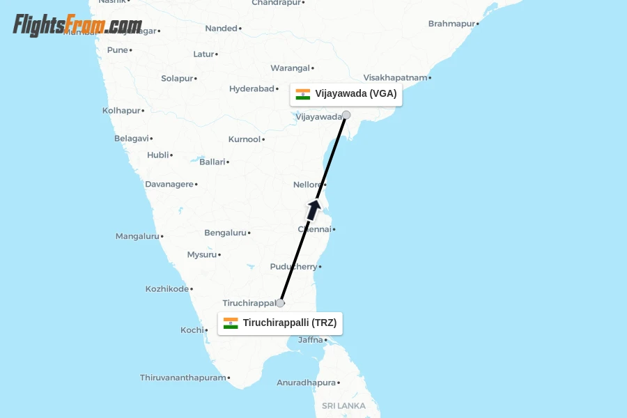 Flights from Tiruchirappalli to Vijayawada route map