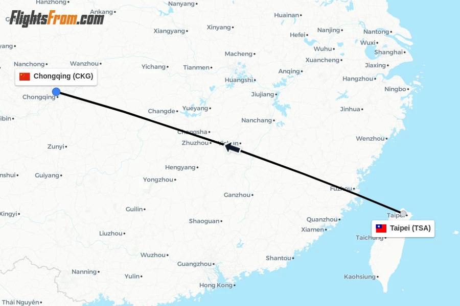 Flights from Taipei to Chongqing route map
