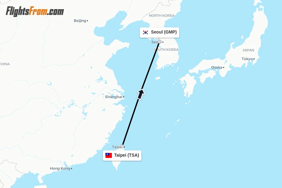 Flights from Taipei to Seoul route map