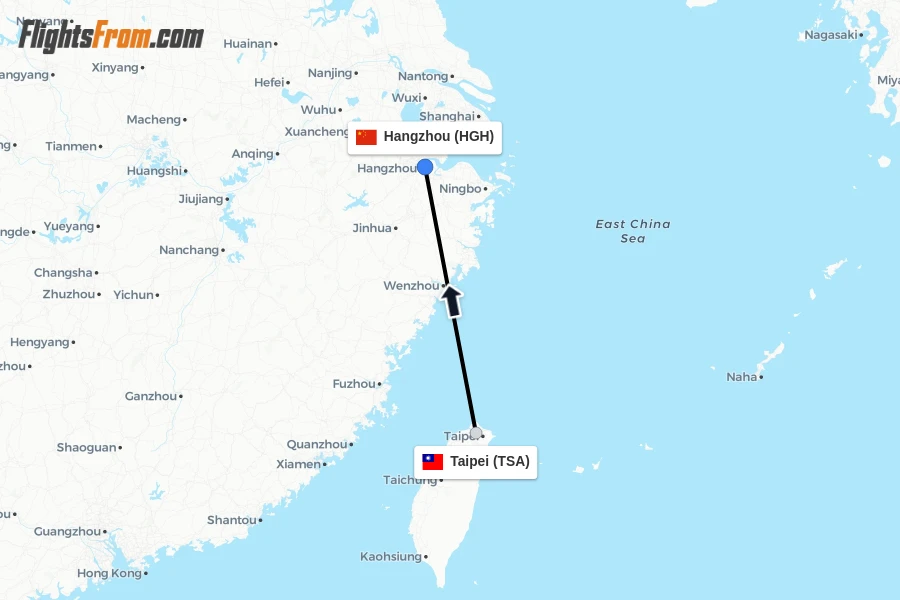 Flights from Taipei to Hangzhou route map
