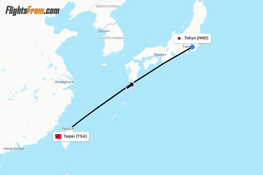 Flights from Taipei to Tokyo route map