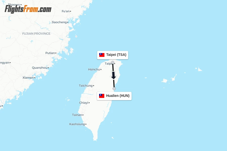 Flights from Taipei to Hualien route map