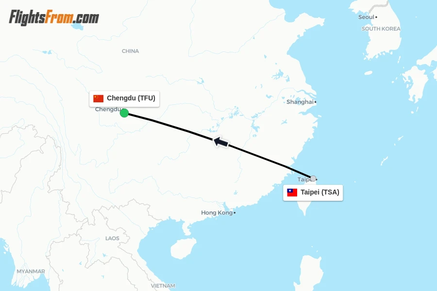 Flights from Taipei to Chengdu route map