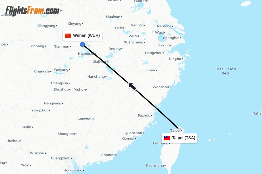 Flights from Taipei to Wuhan route map