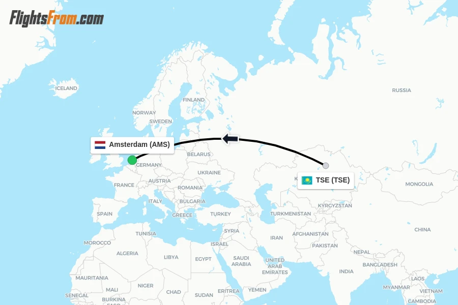 Flights from TSE to Amsterdam route map