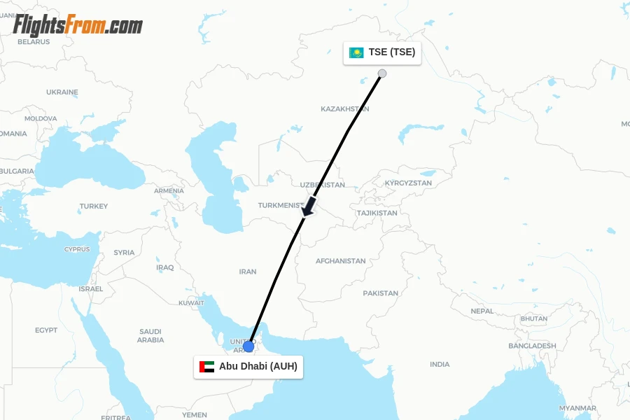 Flights from TSE to Abu Dhabi route map