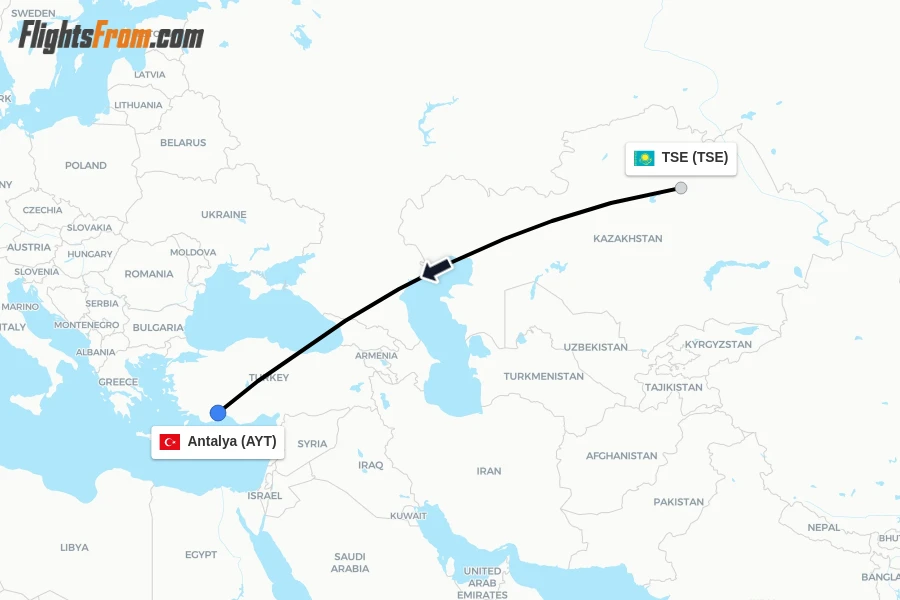 Flights from TSE to Antalya route map