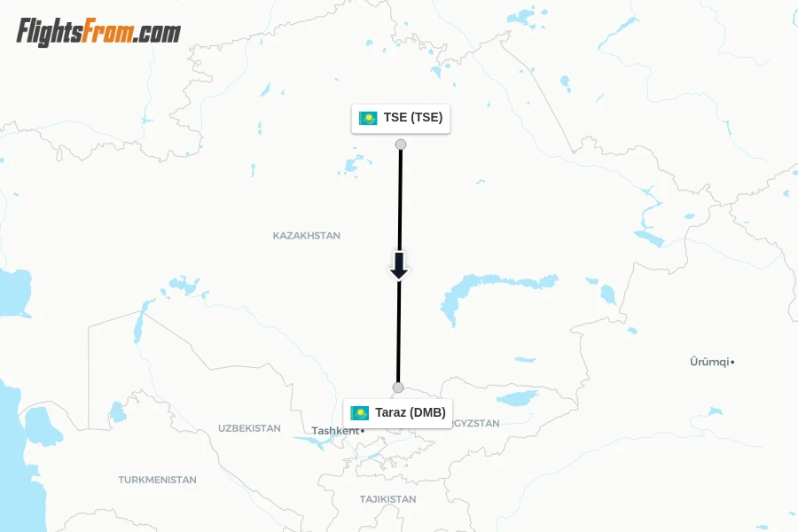 Flights from TSE to Taraz route map