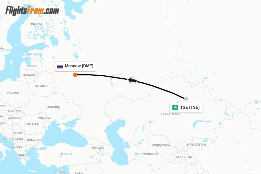 Flights from TSE to Moscow route map
