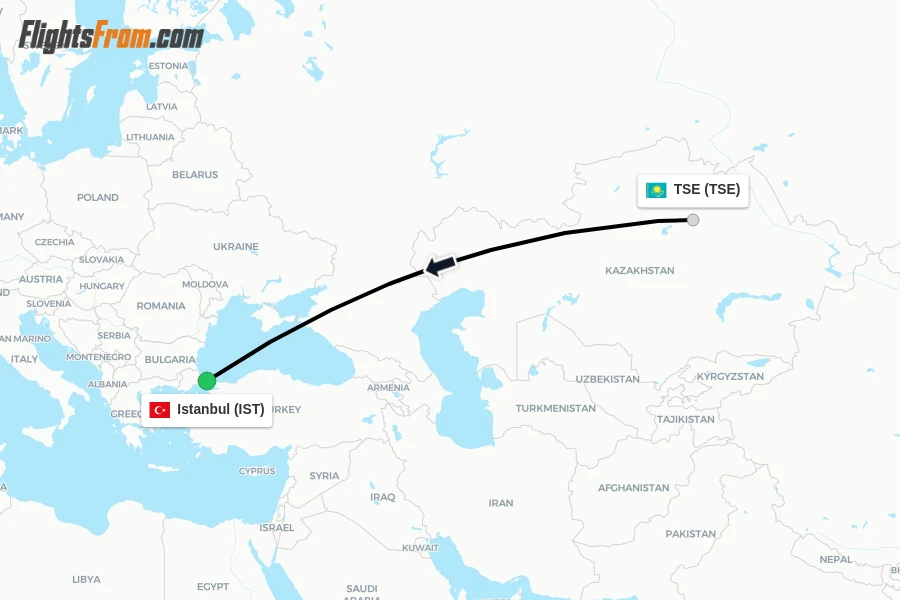 Flights from TSE to Istanbul route map