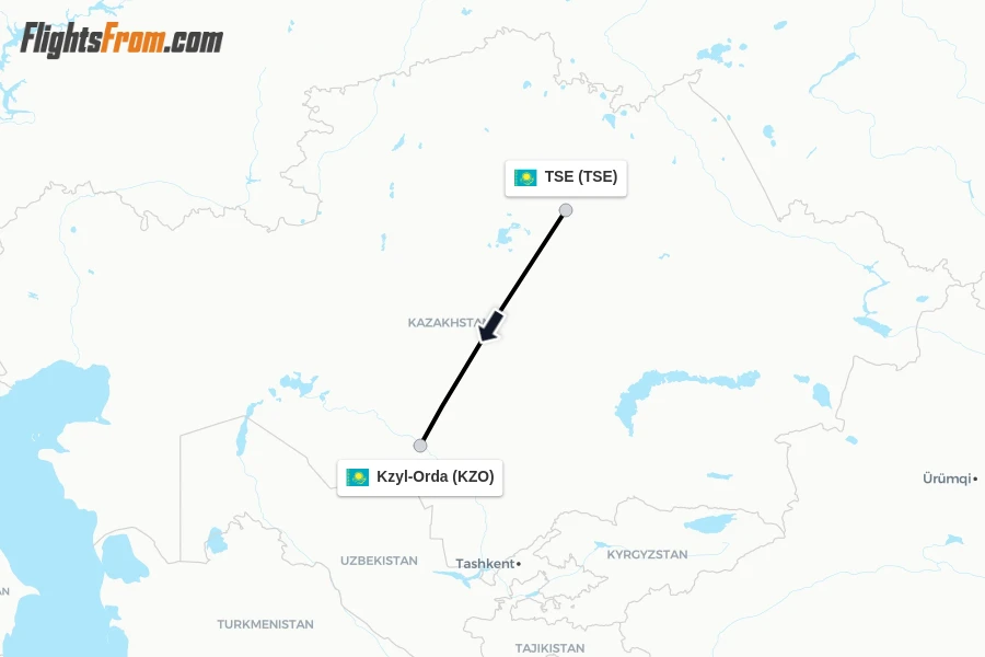 Flights from TSE to Kzyl-Orda route map