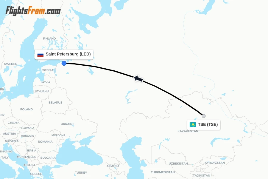 Flights from TSE to Saint Petersburg route map