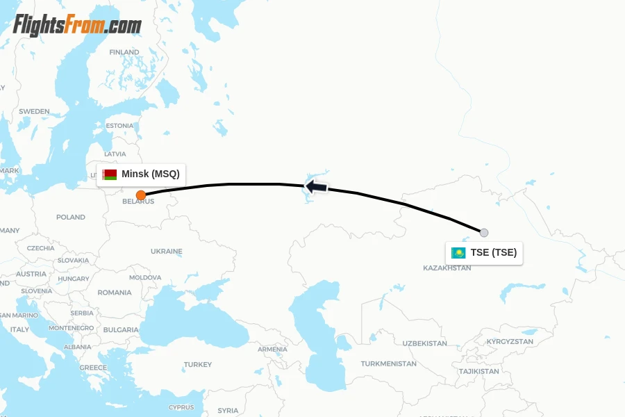 Flights from TSE to Minsk route map