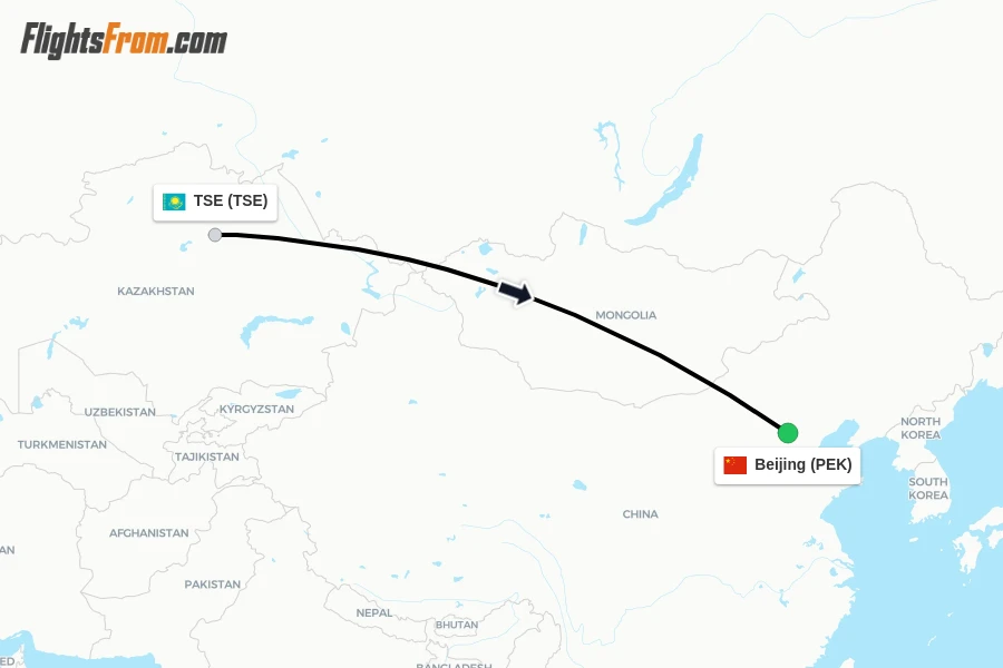 Flights from TSE to Beijing route map