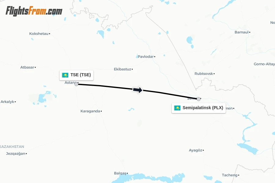 Flights from TSE to Semipalatinsk route map