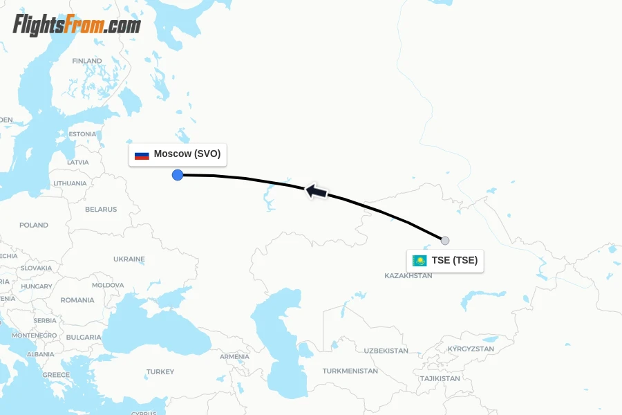 Flights from TSE to Moscow route map