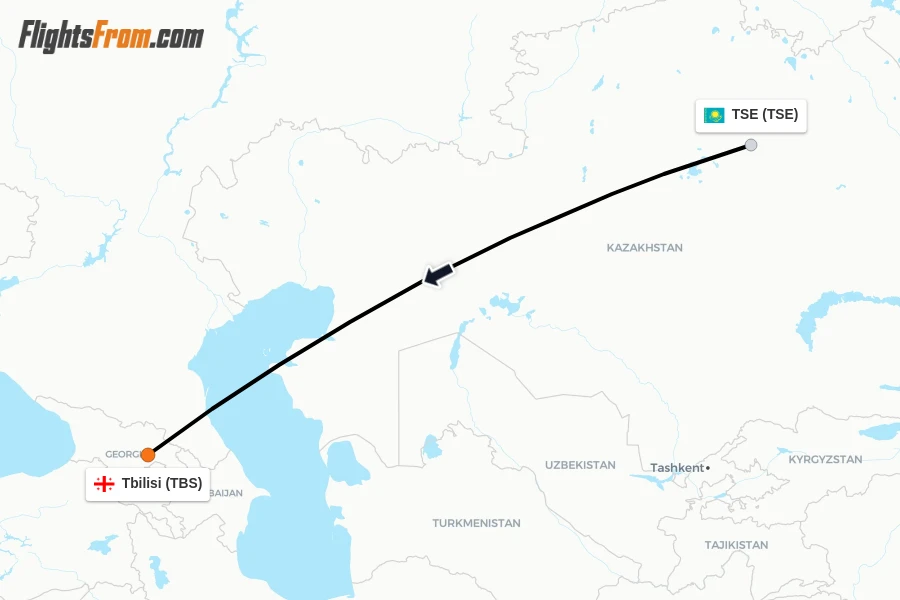 Flights from TSE to Tbilisi route map