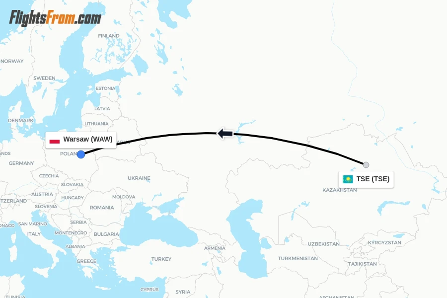 Flights from TSE to Warsaw route map