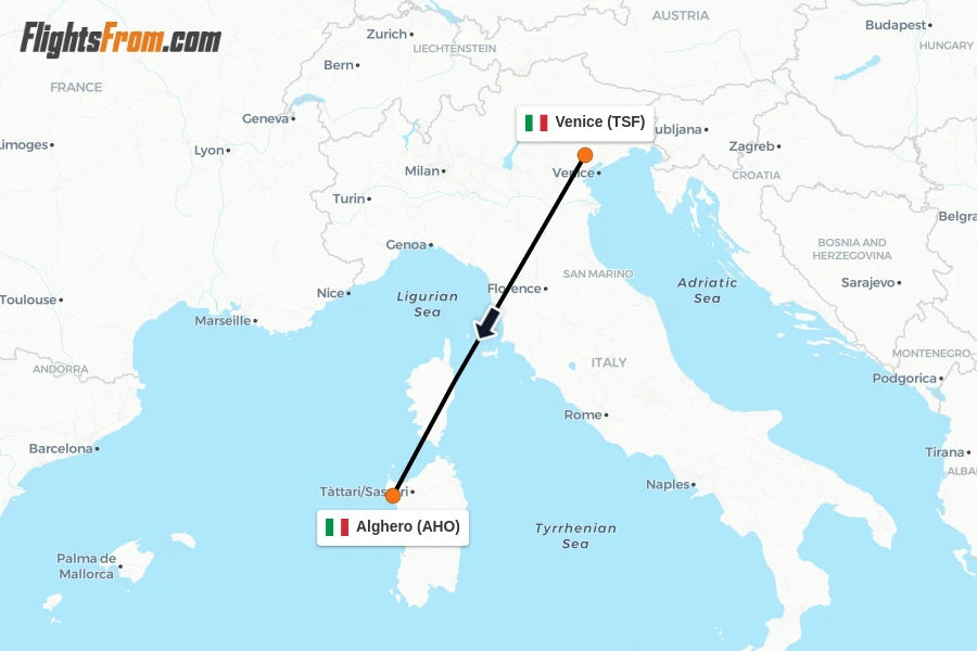 Flights from Venice to Alghero route map