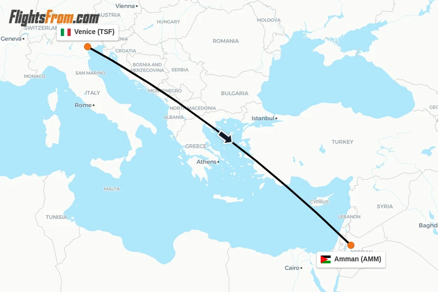 Flights from Venice to Amman route map