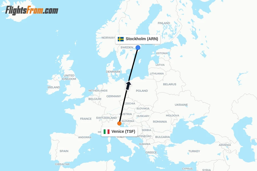 Flights from Venice to Stockholm route map