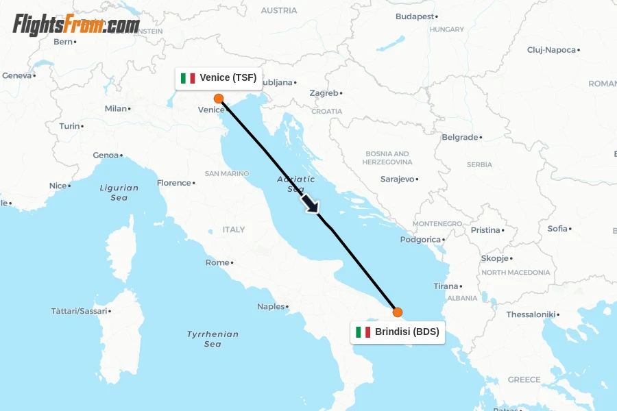 Flights from Venice to Brindisi route map
