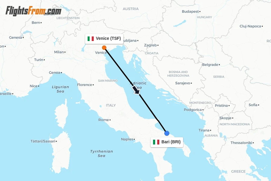 Flights from Venice to Bari route map
