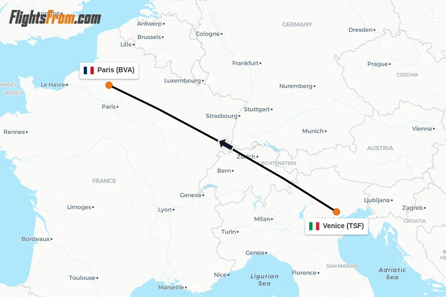 Flights from Venice to Paris route map