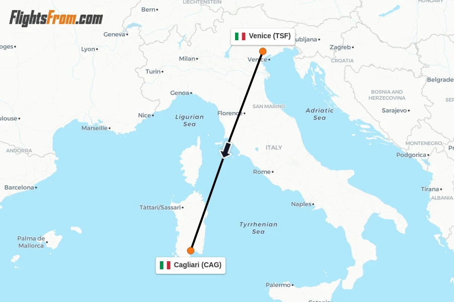 Flights from Venice to Cagliari route map