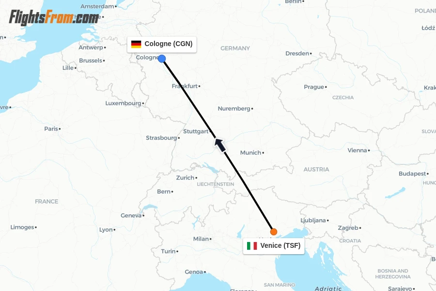 Flights from Venice to Cologne route map