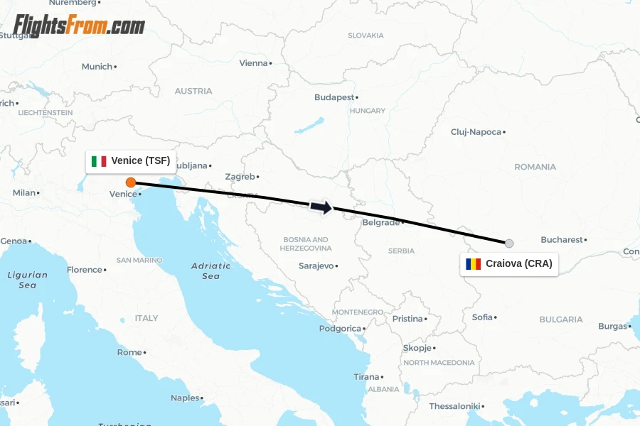 Flights from Venice to Craiova route map