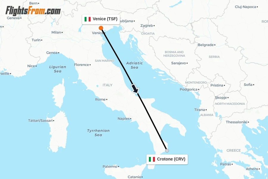 Flights from Venice to Crotone route map