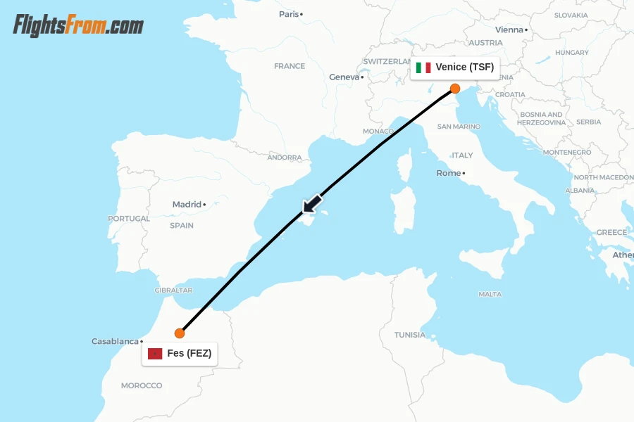 Flights from Venice to Fes route map