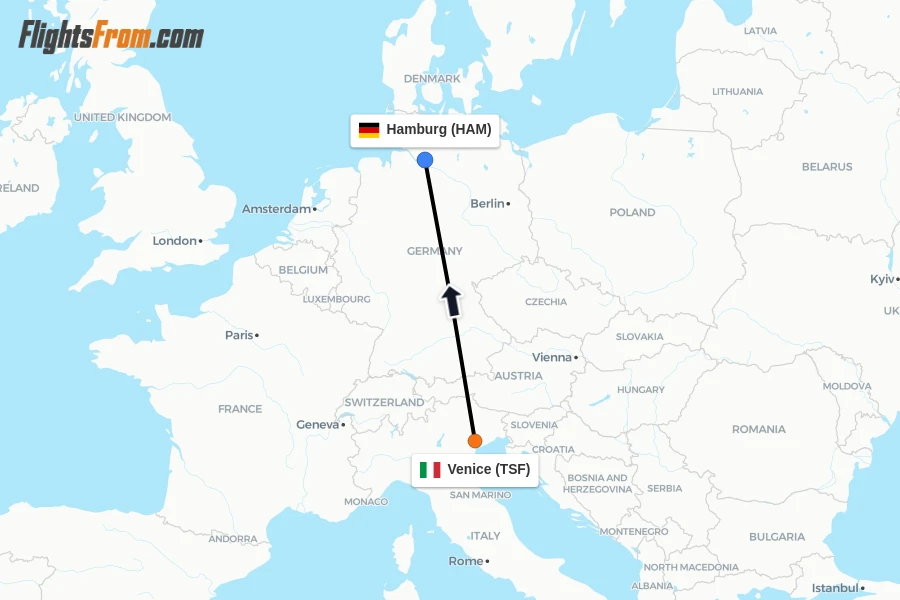 Flights from Venice to Hamburg route map
