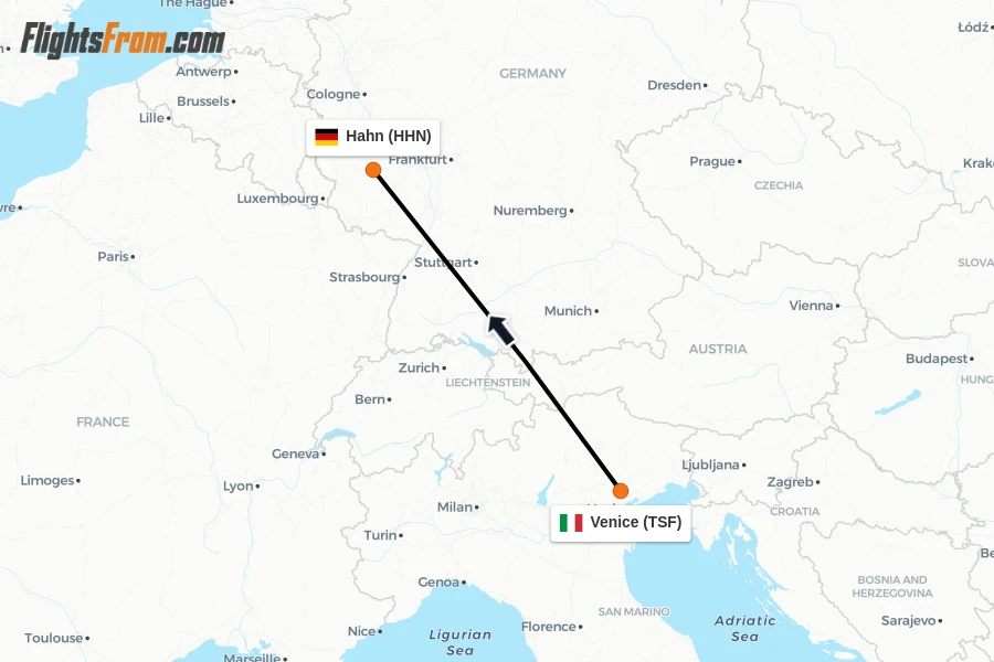 Flights from Venice to Hahn route map