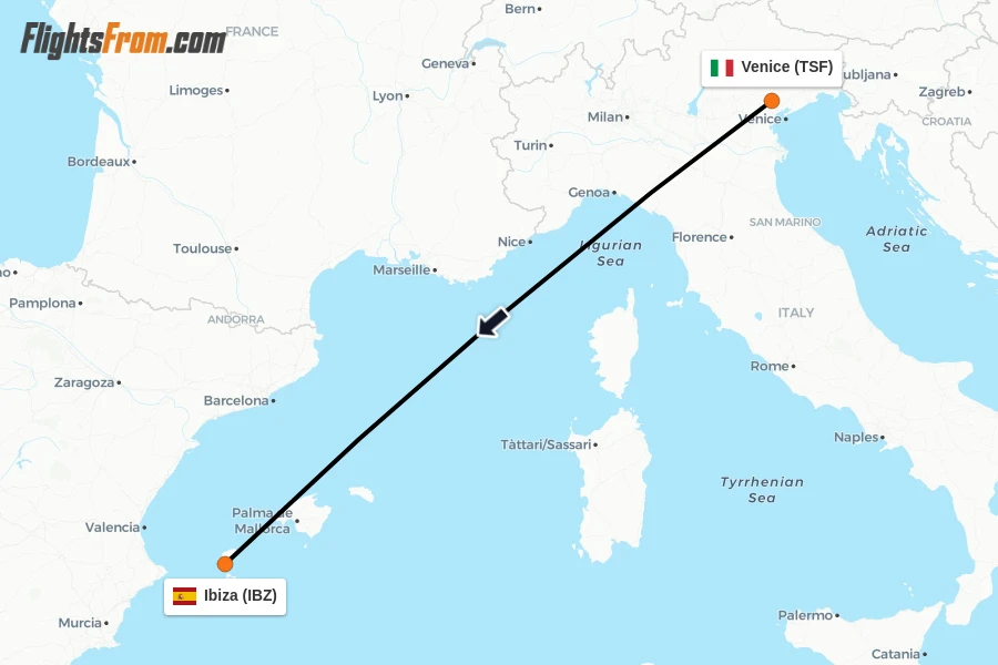 Flights from Venice to Ibiza route map