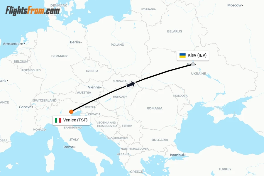 Flights from Venice to Kiev route map