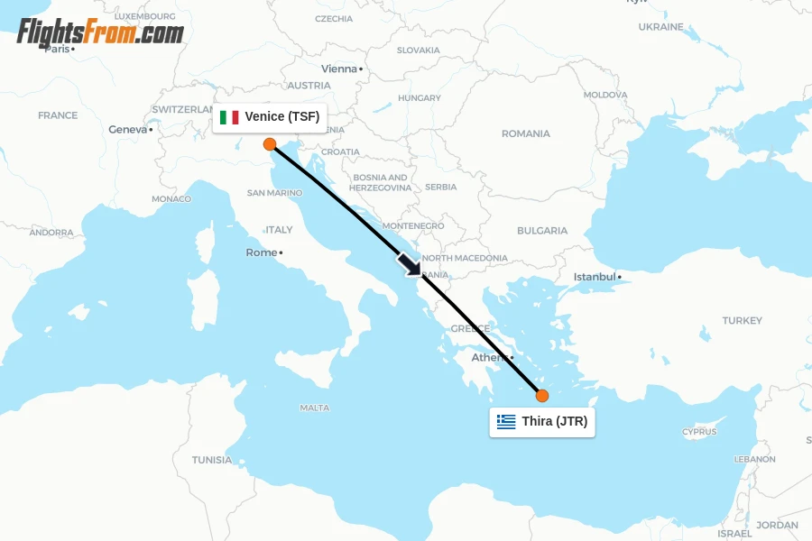 Flights from Venice to Thira route map