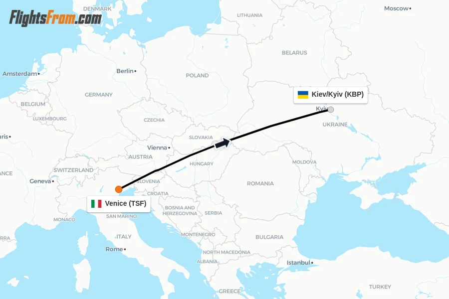 Flights from Venice to Kiev/Kyiv route map