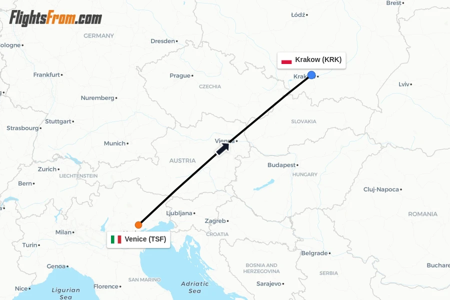 Flights from Venice to Krakow route map