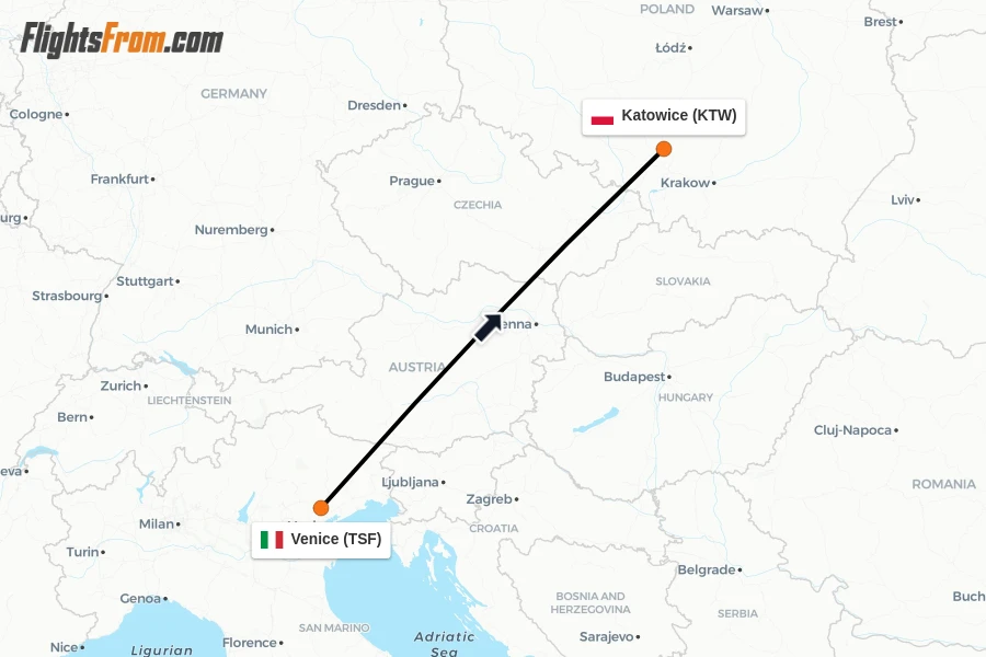 Flights from Venice to Katowice route map