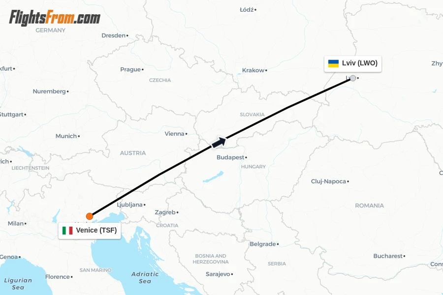 Flights from Venice to Lviv route map
