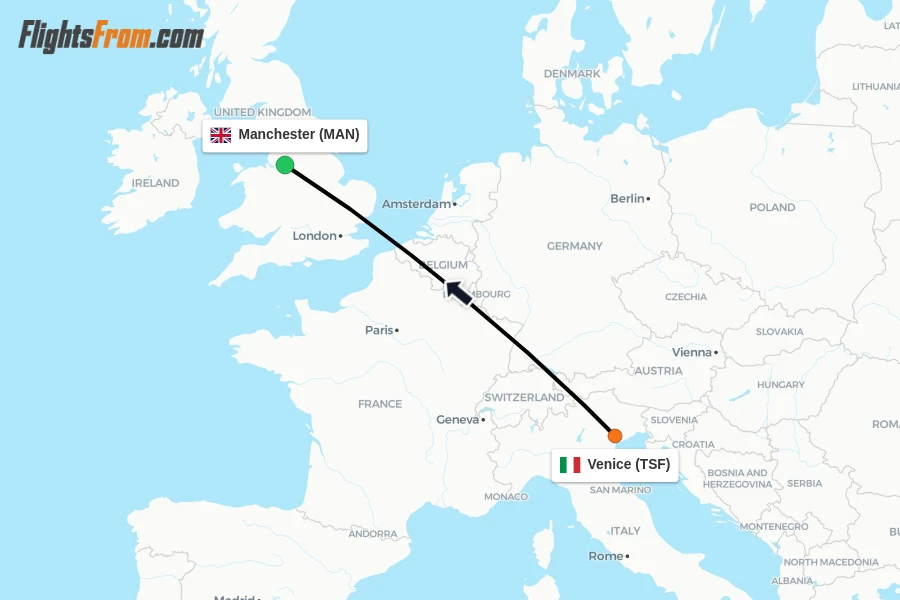 Flights from Venice to Manchester route map