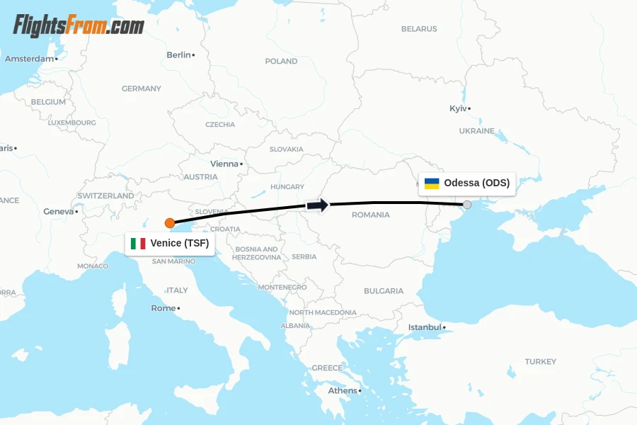 Flights from Venice to Odessa route map