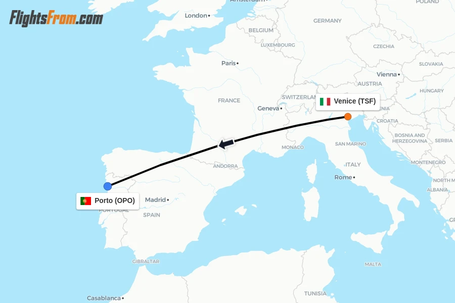 Flights from Venice to Porto route map