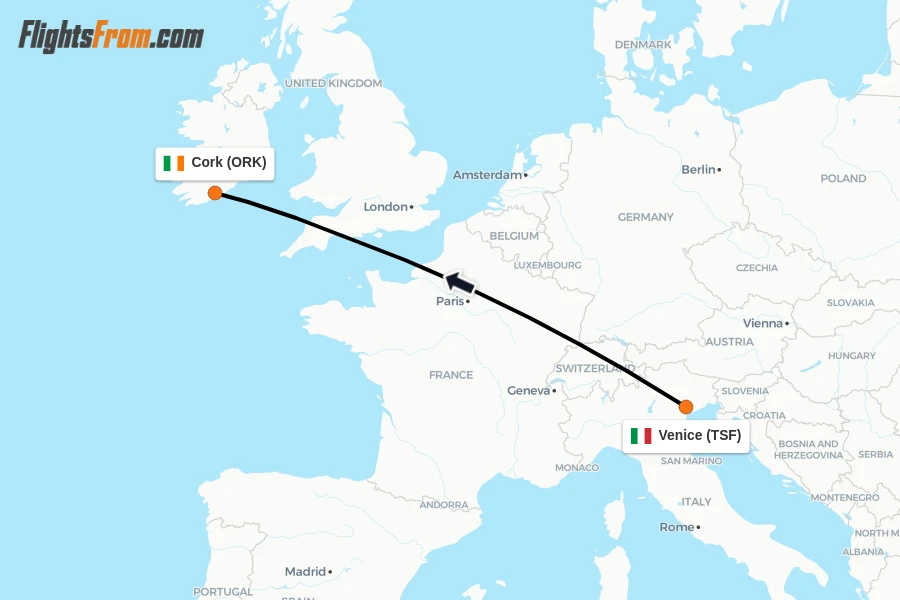 Flights from Venice to Cork route map